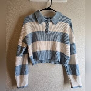 Striped Blue And Cream Long Sleeve Crop Top Sweater With Button Collar